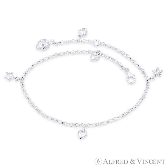 Heart, Star, & Ladybug & 2.3mm Rolo Chain Charm Anklet in .925 Sterling Silver - Picture 1 of 1